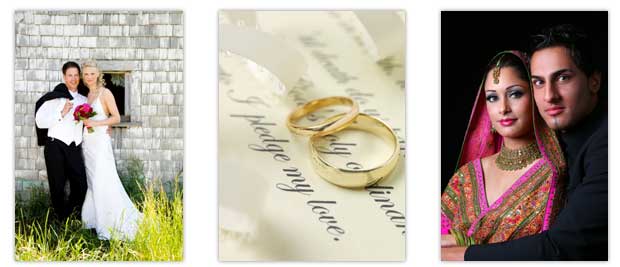happy couples and wedding rings